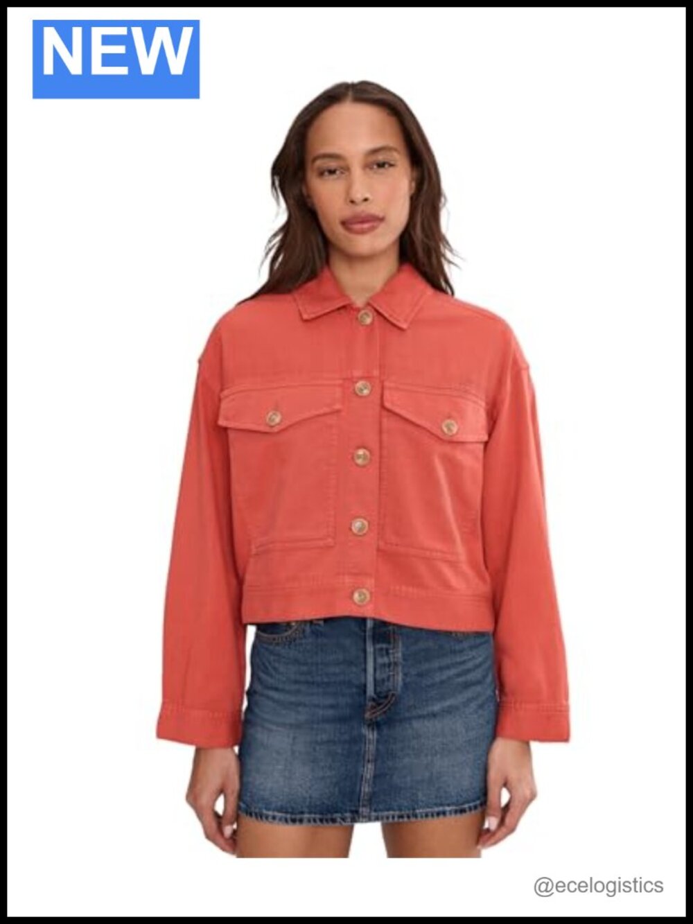Oversized Cropped Denim Jacket Cotton Blend Button Front Long Sleeve